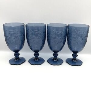 Vintage 1980s Princess House Fantasia Sapphire Blue 7" Goblets Set of 4 Glasses